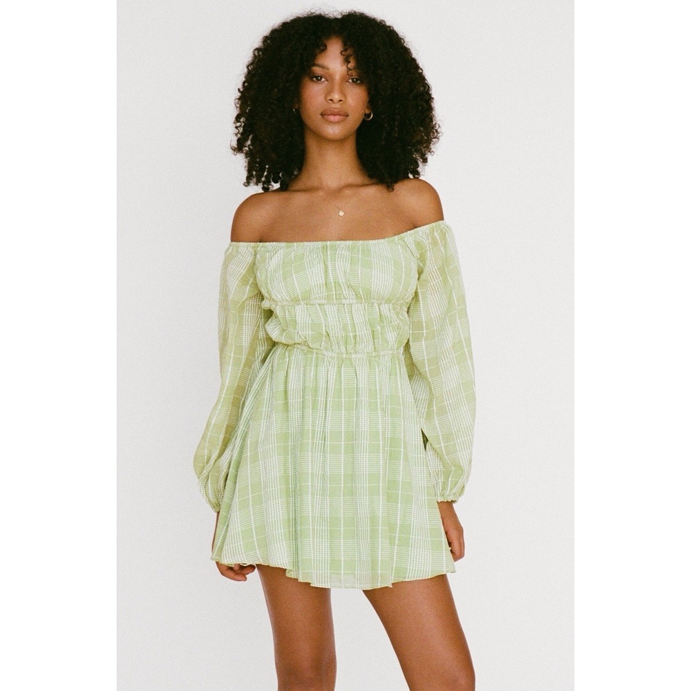 Sabo Leto Off Shoulder Mini Dress Womens S Green Plaid Puff Sleeve Cottagecore